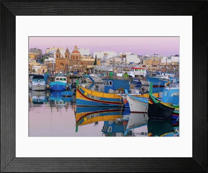 Framed Print : Parish Church of Our Lady of Pompei and Fishing Harbour, Marsaxlokk, Malta Framed Print : Parish Church of Our Lady of Pompei and Fishing Harbour, Marsaxlokk, Malta