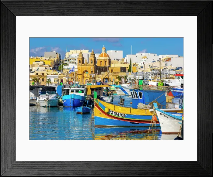 Framed Print : Parish Church of Our Lady of Pompei and Fishing Harbour, Marsaxlokk, Malta Framed Print : Parish Church of Our Lady of Pompei and Fishing Harbour, Marsaxlokk, Malta
