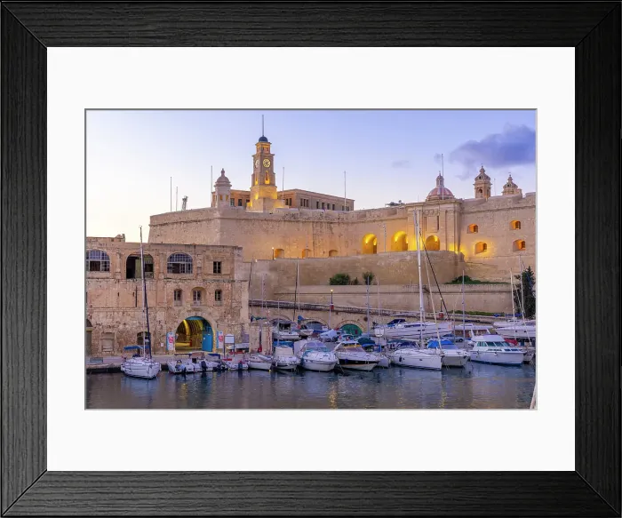 Framed Print : The Old Dock Buildings at Bormla Waterfront with Fort St. Michael Clock Tower in the background at d, Cospicua, Malta