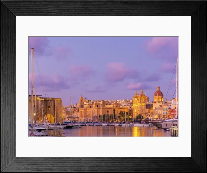 Framed Print : Church of St. Lawrence and Malta Maritime Museum at dusk, Grand Harbour, Birgu, Malta Framed Print : Church of St. Lawrence and Malta Maritime Museum at dusk, Grand Harbour, Birgu, Malta