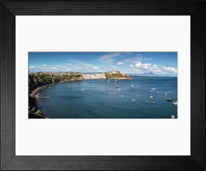 Framed Print : Panoramic view of colourful houses, sea and castle, Corricella, Procida island, Phlegraean Islands, Bay of Naples, Campania, Italy Framed Print : Panoramic view of colourful houses, sea and castle, Corricella, Procida island, Phlegraean Islands, Bay of Naples, Campania, Italy
