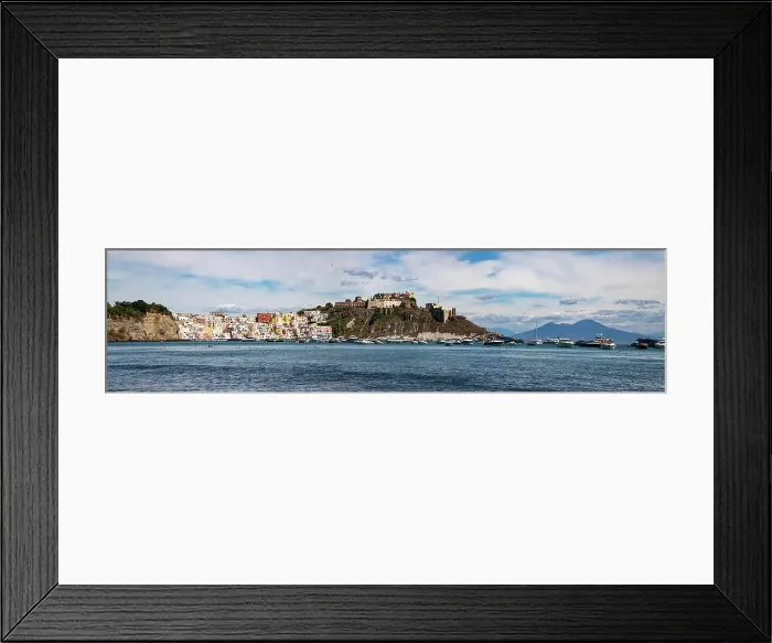 Framed Print : Panoramic view of town, colourful houses, sea and castle, Corricella, Procida island, Phlegraean Islands, Bay of Naples, Campania, Italy Framed Print : Panoramic view of town, colourful houses, sea and castle, Corricella, Procida island, Phlegraean Islands, Bay of Naples, Campania, Italy