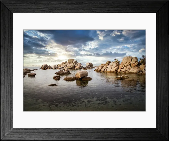 Framed Print : Famous Palombaggia beach with rocks at sunset, Island of Corsica, France Framed Print : Famous Palombaggia beach with rocks at sunset, Island of Corsica, France