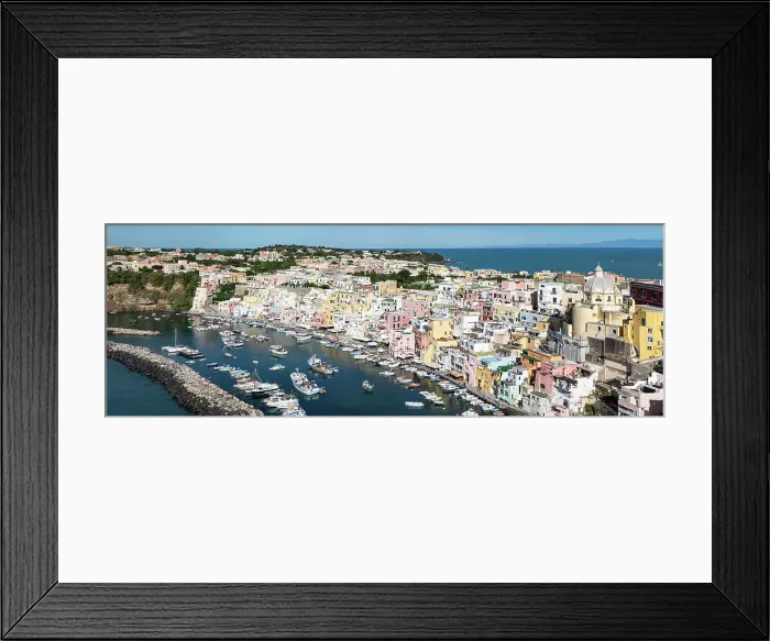 Framed Print : Panoramic view of town, colourful houses and sea, Corricella, Procida island, Phlegraean Islands, Bay of Naples, Campania, Italy Framed Print : Panoramic view of town, colourful houses and sea, Corricella, Procida island, Phlegraean Islands, Bay of Naples, Campania, Italy
