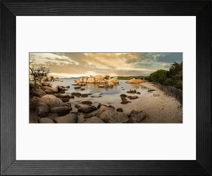 Framed Print : Famous Palombaggia beach with rocks at sunset, Island of Corsica, France Framed Print : Famous Palombaggia beach with rocks at sunset, Island of Corsica, France