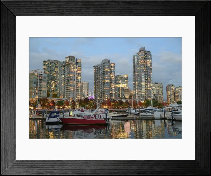 Framed Print : False Creek pedestrian waterfront in Autumn, Yaletown Neighbourhood, Downtown Vancouver, British Columbia, Canada Framed Print : False Creek pedestrian waterfront in Autumn, Yaletown Neighbourhood, Downtown Vancouver, British Columbia, Canada