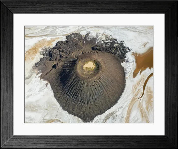 Framed Print : Aerial of the Trou du Natron volcanic crater and its natron lakes, Tibesti Mountains, Chad Framed Print : Aerial of the Trou du Natron volcanic crater and its natron lakes, Tibesti Mountains, Chad
