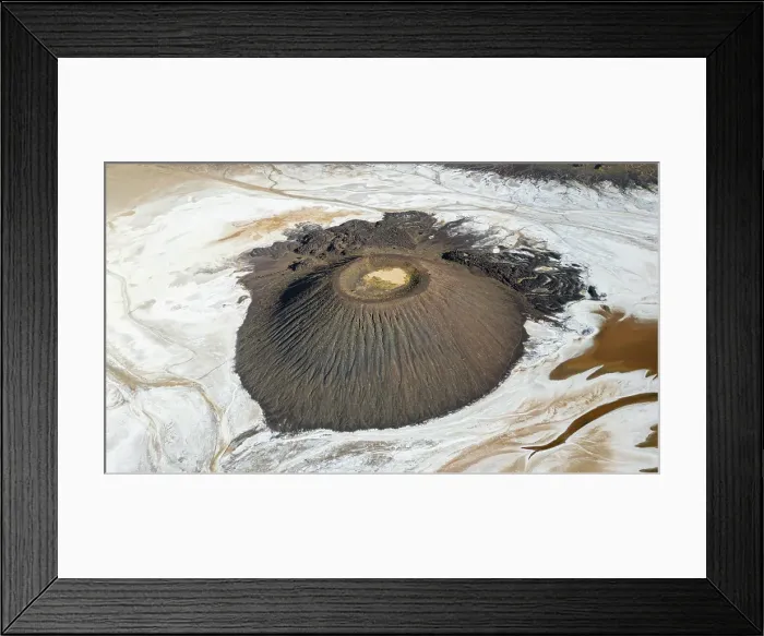 Framed Print : Aerial of the Trou du Natron volcanic crater and its natron lakes, Tibesti Mountains, Chad Framed Print : Aerial of the Trou du Natron volcanic crater and its natron lakes, Tibesti Mountains, Chad