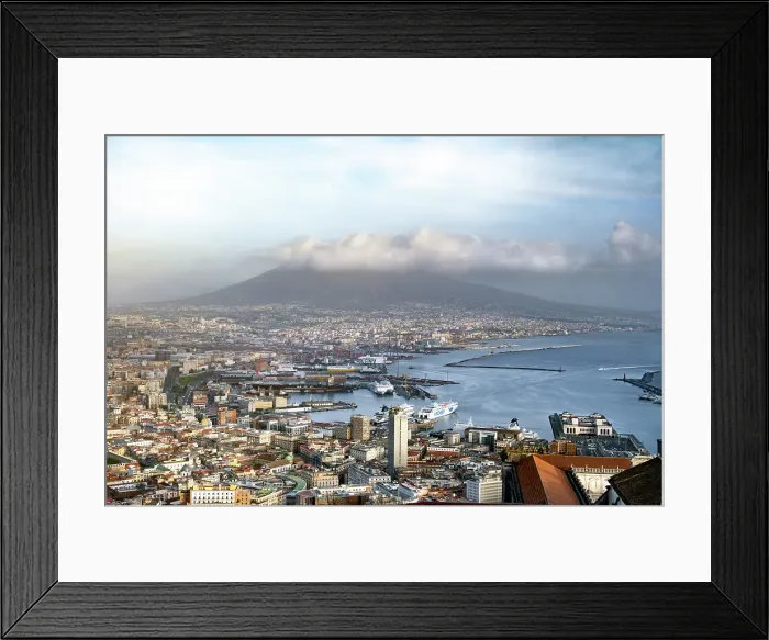 Framed Print : A view of the Bay of Naples with the cruise liner port in the foreground and Mount Vesuvius in the background, Campania, Italy Framed Print : A view of the Bay of Naples with the cruise liner port in the foreground and Mount Vesuvius in the background, Campania, Italy