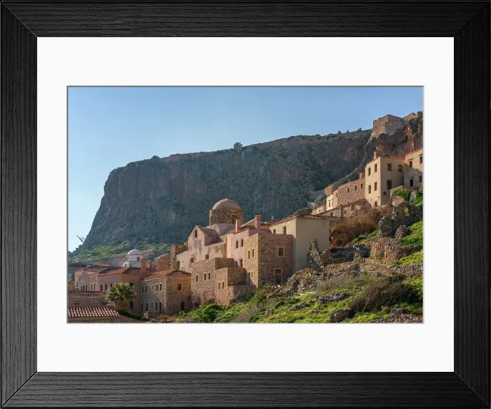 Framed Print : Historic stone houses in the mountain, Monemvasia, Laconia, Greece Framed Print : Historic stone houses in the mountain, Monemvasia, Laconia, Greece