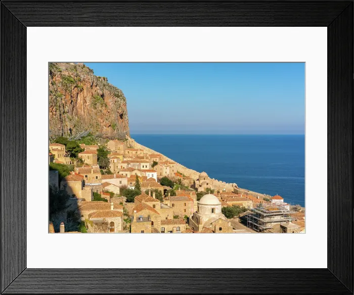 Framed Print : Monemvasia island historic stone houses and churches, Monemvasia, Laconia, Greece Framed Print : Monemvasia island historic stone houses and churches, Monemvasia, Laconia, Greece