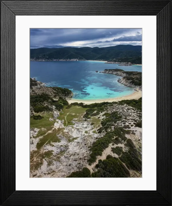 Framed Print : Drone aerial view of Kalamitsi wild beach with turquoise water, Chalkidiki, Greece Framed Print : Drone aerial view of Kalamitsi wild beach with turquoise water, Chalkidiki, Greece