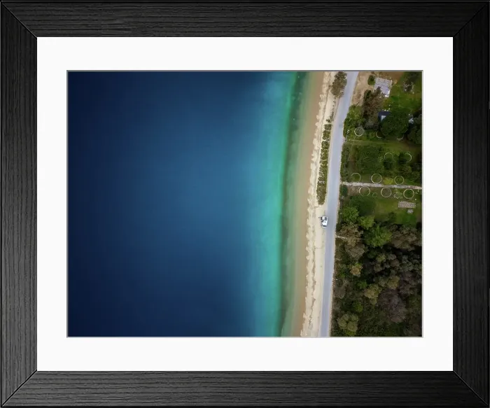 Framed Print : Drone aerial view of camper van drone top aerial view parked on a wild beach in Porto Koufo, Chalkidiki, Greece Framed Print : Drone aerial view of camper van drone top aerial view parked on a wild beach in Porto Koufo, Chalkidiki, Greece