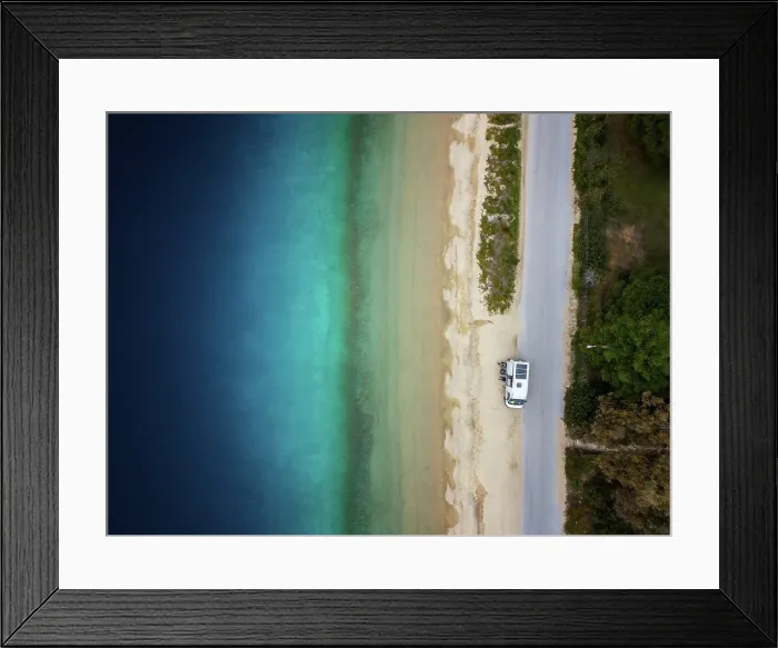 Framed Print : Drone top aerial view of camper van parked on a wild beach in Porto Koufo, Chalkidiki, Greece Framed Print : Drone top aerial view of camper van parked on a wild beach in Porto Koufo, Chalkidiki, Greece