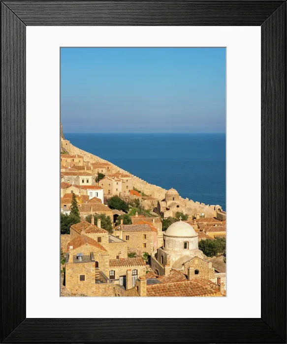 Framed Print : Monemvasia island historic stone houses and churches, Monemvasia, Laconia, Greece Framed Print : Monemvasia island historic stone houses and churches, Monemvasia, Laconia, Greece