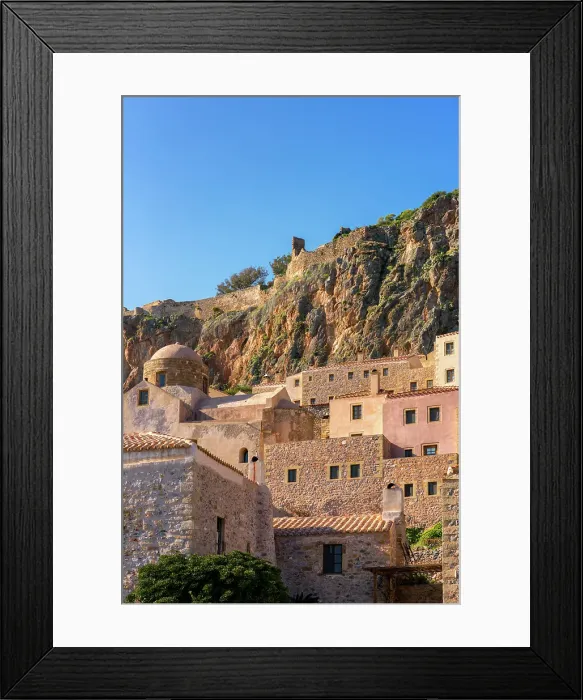 Framed Print : Historic stone houses in the mountain, Monemvasia, Laconia, Greece Framed Print : Historic stone houses in the mountain, Monemvasia, Laconia, Greece