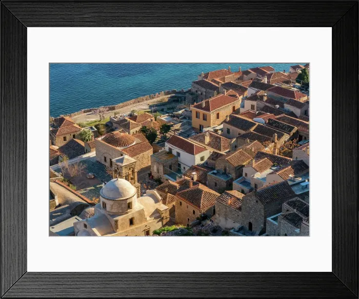 Framed Print : Monemvasia island historic stone houses and churches, Monemvasia, Laconia, Greece Framed Print : Monemvasia island historic stone houses and churches, Monemvasia, Laconia, Greece
