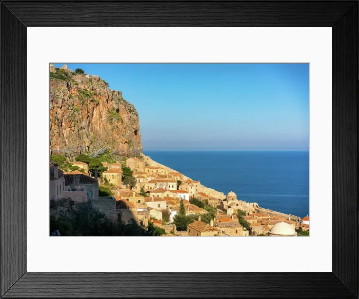 Framed Print : Monemvasia island historic stone houses and churches, Monemvasia, Laconia, Greece Framed Print : Monemvasia island historic stone houses and churches, Monemvasia, Laconia, Greece
