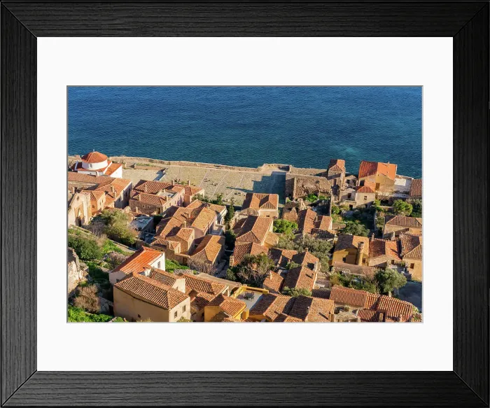 Framed Print : Monemvasia island historic stone houses and churches, Monemvasia, Laconia, Greece Framed Print : Monemvasia island historic stone houses and churches, Monemvasia, Laconia, Greece