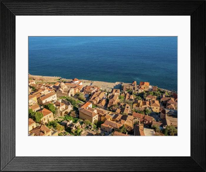 Framed Print : Monemvasia island historic stone houses and churches, Monemvasia, Laconia, Greece