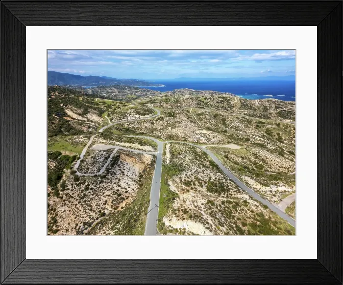 Framed Print : Drone aerial view of Kriaritsi project area with abandoned roads in the south of Greece, Sithonia, Chalkidiki, Greece