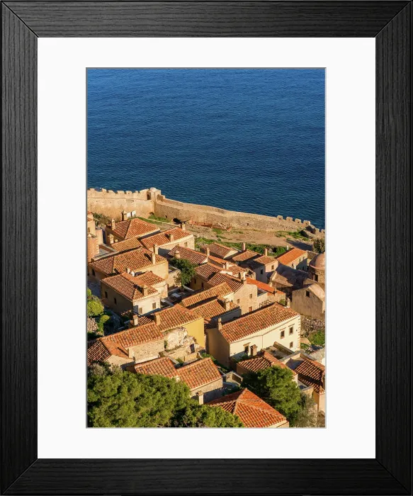 Framed Print : Monemvasia island historic stone houses and churches, Monemvasia, Laconia, Greece Framed Print : Monemvasia island historic stone houses and churches, Monemvasia, Laconia, Greece