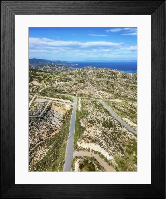 Framed Print : Drone aerial view of Kriaritsi project area with abandoned roads in the south of Greece, Sithonia, Chalkidiki, Greece Framed Print : Drone aerial view of Kriaritsi project area with abandoned roads in the south of Greece, Sithonia, Chalkidiki, Greece