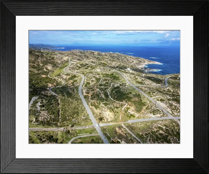 Framed Print : Drone aerial view of Kriaritsi project area with abandoned roads in the south of Greece, Sithonia, Chalkidiki, Greece Framed Print : Drone aerial view of Kriaritsi project area with abandoned roads in the south of Greece, Sithonia, Chalkidiki, Greece