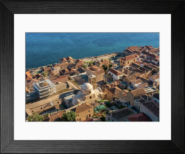 Framed Print : Monemvasia island historic stone houses and churches, Monemvasia, Laconia, Greece Framed Print : Monemvasia island historic stone houses and churches, Monemvasia, Laconia, Greece