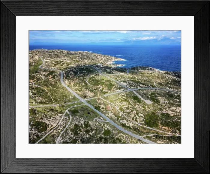 Framed Print : Drone aerial view of Kriaritsi project area with abandoned roads in the south of Greece, Sithonia, Chalkidiki, Greece