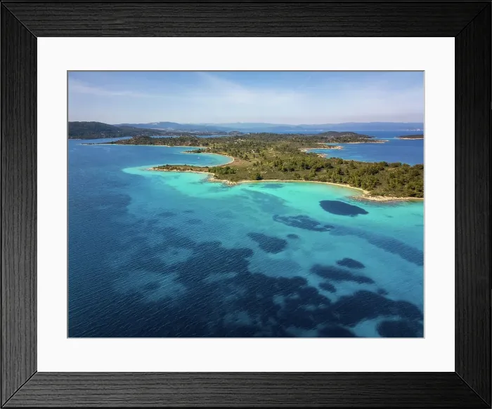 Framed Print : Diaporos island with wild beaches with turquoise water, drone aerial view, Chalkidiki, Greece Framed Print : Diaporos island with wild beaches with turquoise water, drone aerial view, Chalkidiki, Greece