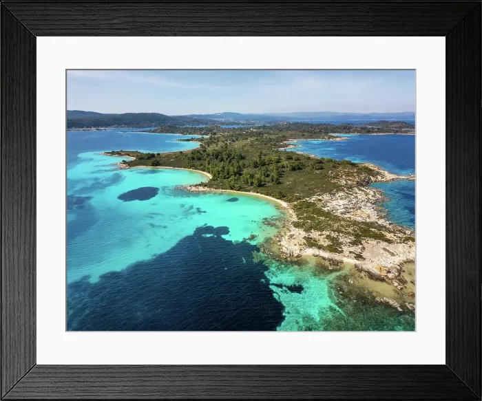 Framed Print : Diaporos island with wild beaches with turquoise water, drone aerial view, Chalkidiki, Greece Framed Print : Diaporos island with wild beaches with turquoise water, drone aerial view, Chalkidiki, Greece