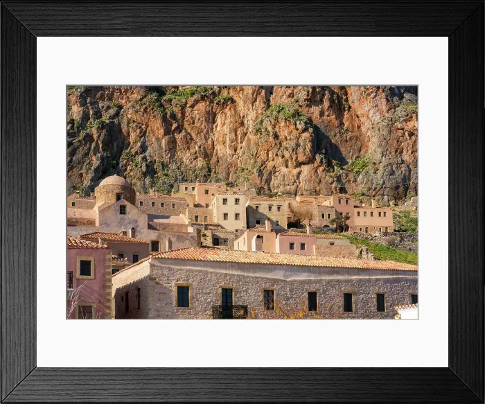 Framed Print : Historic stone houses in the mountain, Monemvasia, Laconia, Greece