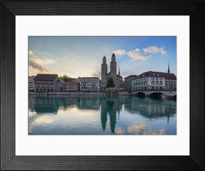 Framed Print : Grossmunster and Limmat River at sunrise, Zurich, Switzerland Framed Print : Grossmunster and Limmat River at sunrise, Zurich, Switzerland
