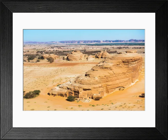 Framed Print : Aerial of tombs carved in sandstone rock of Jabal Banat (Qasr al-Bint), Hegra (Madain Salih), UNESCO, AlUla area, Medina Province, Saudi Arabia Framed Print : Aerial of tombs carved in sandstone rock of Jabal Banat (Qasr al-Bint), Hegra (Madain Salih), UNESCO, AlUla area, Medina Province, Saudi Arabia