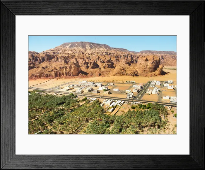 Framed Print : Aerial view of Palm grove and farms in the oasis of AlUla, Medina Province, Saudi Arabia Framed Print : Aerial view of Palm grove and farms in the oasis of AlUla, Medina Province, Saudi Arabia