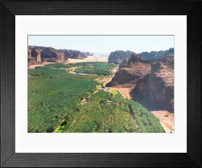 Framed Print : Aerial view of Palm grove and farms in the oasis of AlUla, Medina Province, Saudi Arabia Framed Print : Aerial view of Palm grove and farms in the oasis of AlUla, Medina Province, Saudi Arabia