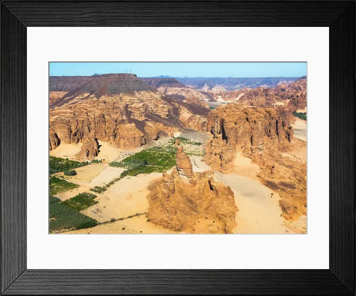 Framed Print : Aerial view of Palm grove and farms in AlUla's Ashar Valley, Medina Province, Saudi Arabia Framed Print : Aerial view of Palm grove and farms in AlUla's Ashar Valley, Medina Province, Saudi Arabia
