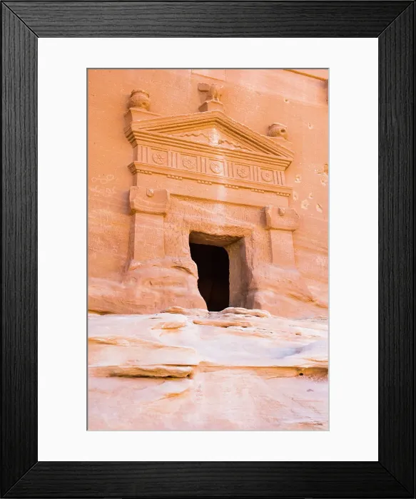 Framed Print : Tomb carved into sandstone rock of Jabal Banat (Qasr Al-Bint) area in site of Hegra (Madain Salih), UNESCO, AlUla, Medina Province, Saudi Arabia