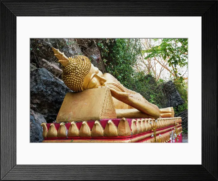 Framed Print : Reclining Buddha statue on the path to the stupa of Wat Chom Si on the summit of Mount Phu Si, Luang Prabang, northern Laos Framed Print : Reclining Buddha statue on the path to the stupa of Wat Chom Si on the summit of Mount Phu Si, Luang Prabang, northern Laos