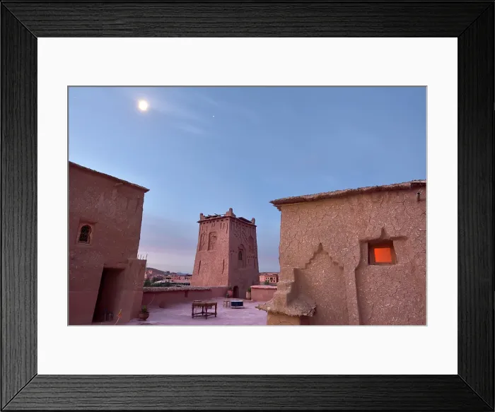 Framed Print : Roof terrace of Kasbah Tebi guest house at moonlight, Ksar of Ait-Ben-Haddou, Ounila River valley, Ouarzazate Province, Draa-Tafilalet region, Morocco
