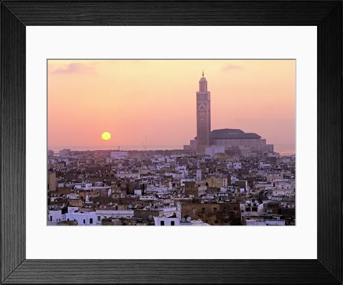 Framed Print : Overview with the Hassan II Mosque in the background at dusk, Casablanca, Morocco