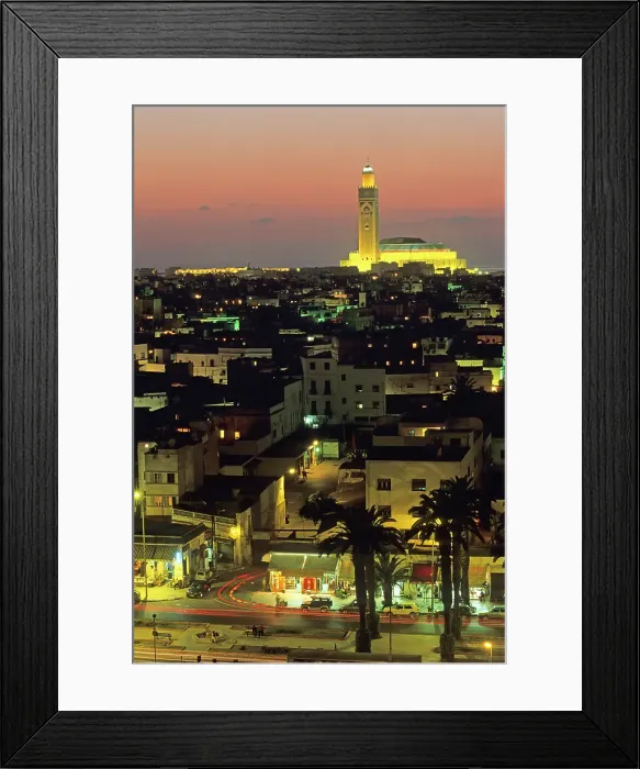 Framed Print : Overview with the Hassan II Mosque in the background at dusk, Casablanca, Morocco Framed Print : Overview with the Hassan II Mosque in the background at dusk, Casablanca, Morocco