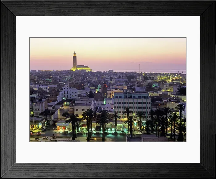Framed Print : Overview with the Hassan II Mosque in the background at dusk, Casablanca, Morocco Framed Print : Overview with the Hassan II Mosque in the background at dusk, Casablanca, Morocco