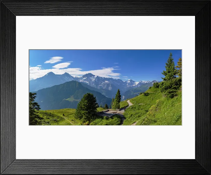 Framed Print : View of Jungfrau, Monch and Eiger mountains from Schynige Platte Botanical Gardens, Jungfrau Region, Bernese Oberland, Switzerland Framed Print : View of Jungfrau, Monch and Eiger mountains from Schynige Platte Botanical Gardens, Jungfrau Region, Bernese Oberland, Switzerland