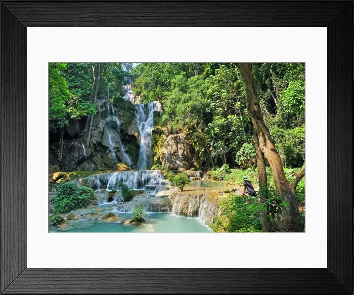 Framed Print : Man admiring the Kuang Si waterfalls, Luang Prabang, Laos Framed Print : Man admiring the Kuang Si waterfalls, Luang Prabang, Laos