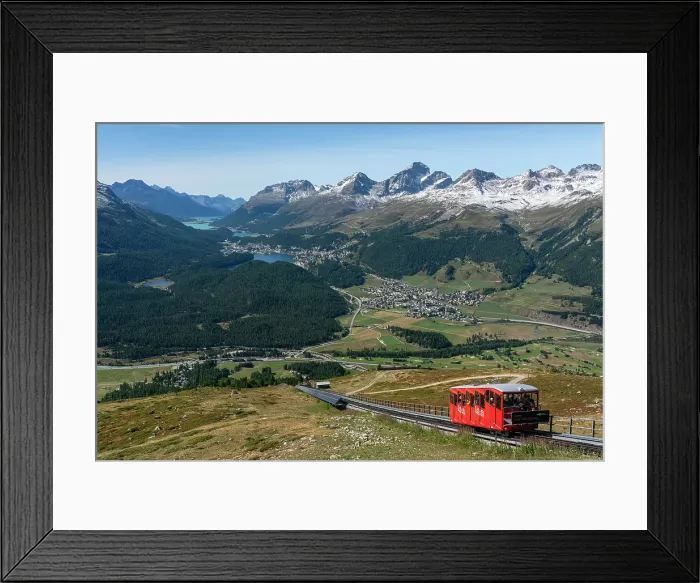 Framed Print : View of St. Moritz, Celerina and the Engadin lakes from top of Muottas Muragl, Canton of Grisons, Switzerland Framed Print : View of St. Moritz, Celerina and the Engadin lakes from top of Muottas Muragl, Canton of Grisons, Switzerland