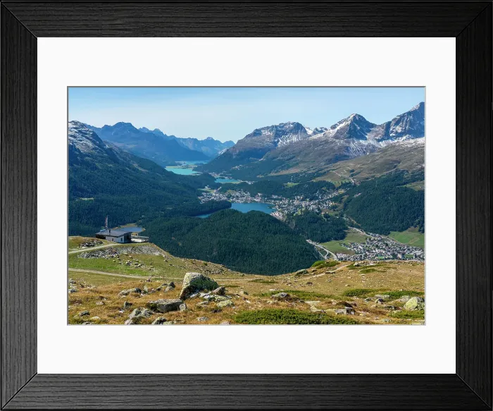 Framed Print : View of St. Moritz, Celerina and the Engadin lakes from top of Muottas Muragl, Canton of Grisons, Switzerland Framed Print : View of St. Moritz, Celerina and the Engadin lakes from top of Muottas Muragl, Canton of Grisons, Switzerland