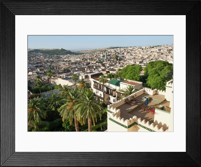 Framed Print : Terraces and garden of the luxury Palais Jamai hotel with the Medina in the background, Fes, Morocco Framed Print : Terraces and garden of the luxury Palais Jamai hotel with the Medina in the background, Fes, Morocco