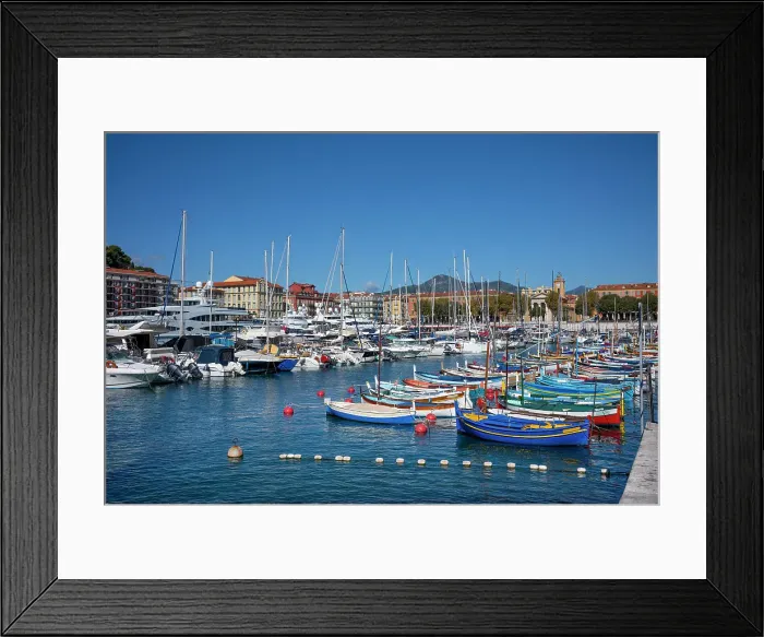 Framed Print : Traditional colourful fishing boats moored in Port de Nice, UNESCO, Alpes Maritimes, French Riviera, Provence, France Framed Print : Traditional colourful fishing boats moored in Port de Nice, UNESCO, Alpes Maritimes, French Riviera, Provence, France